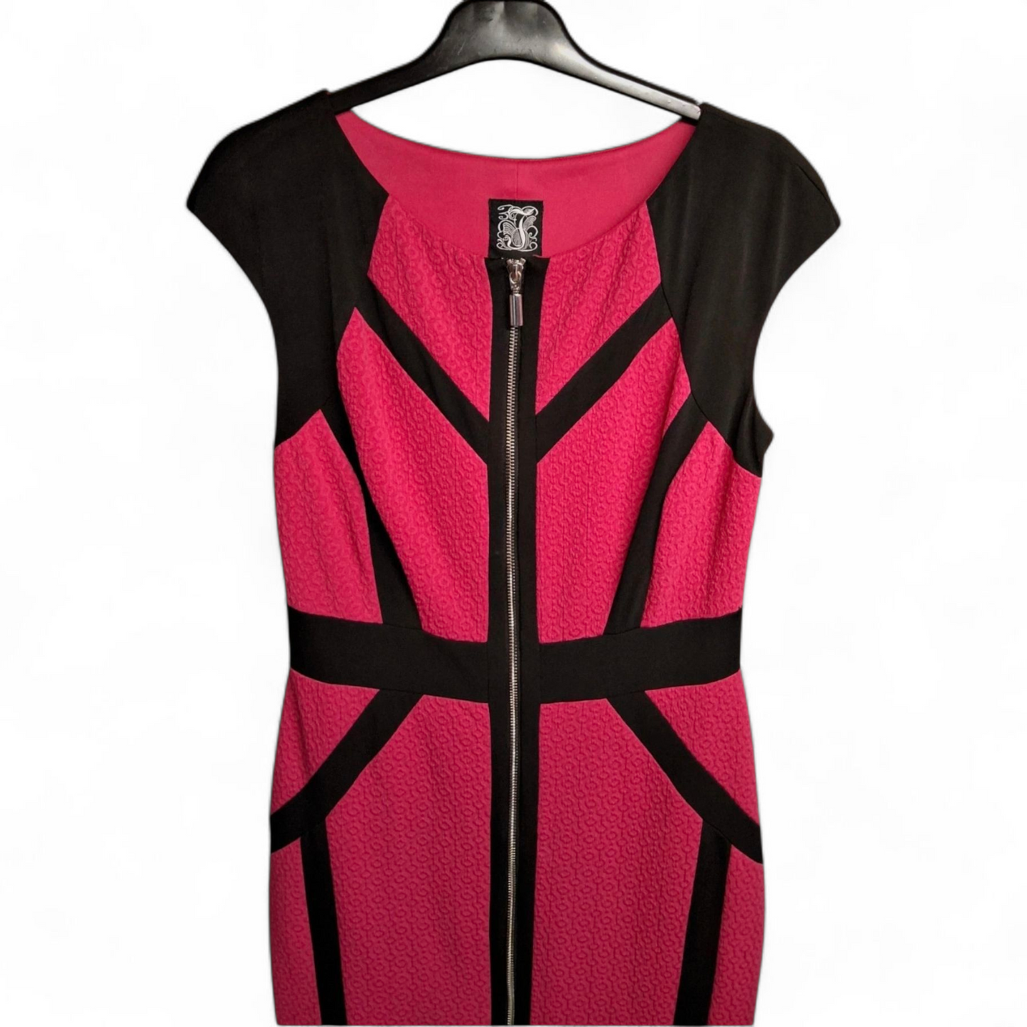 Jax Pink & Black Zip Front Bodycon Midi Dress – UK size 6/8 – Bold Contrast Panels – Party Ready