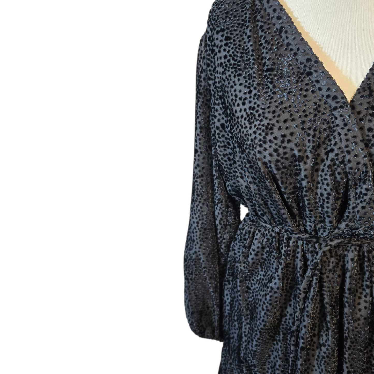 FatFace Copper & Black Velvet Polka Dot Dress – Size 12 – Sheer Sleeves, Tie Waist