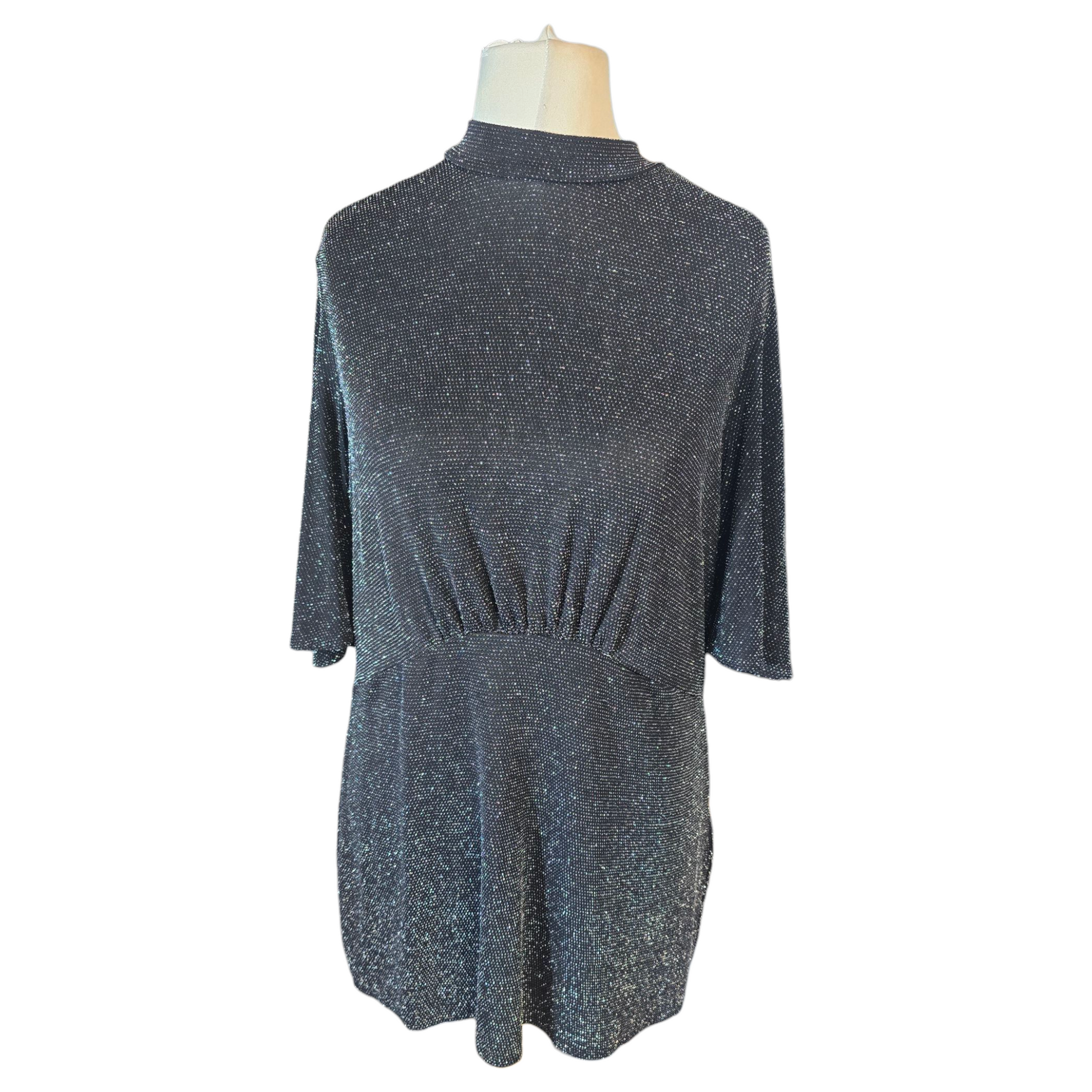 Dorothy Perkins Black & Silver Glitter Top – Size 16 – High Neck Flared Sleeve Tunic