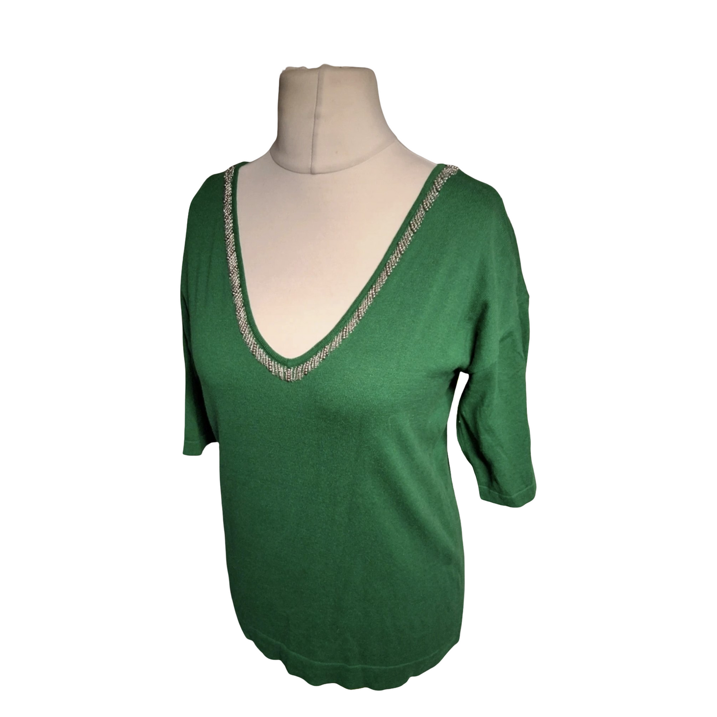 Next Green Embellished V-Neck ¾ Sleeve Top – Size 6 (Best for uk size 8)