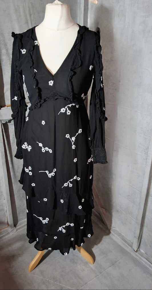 River Island Black & White Floral Frill Midi Dress – Size 8