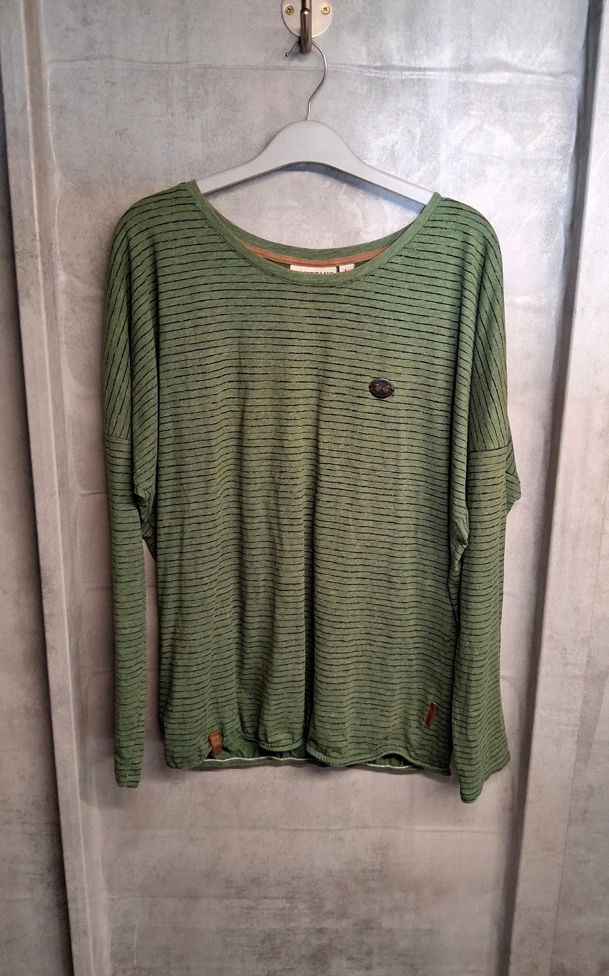 Naketano Green & Black Striped Long Sleeve Top – Size L (UK 16) – Cotton & Polyester
