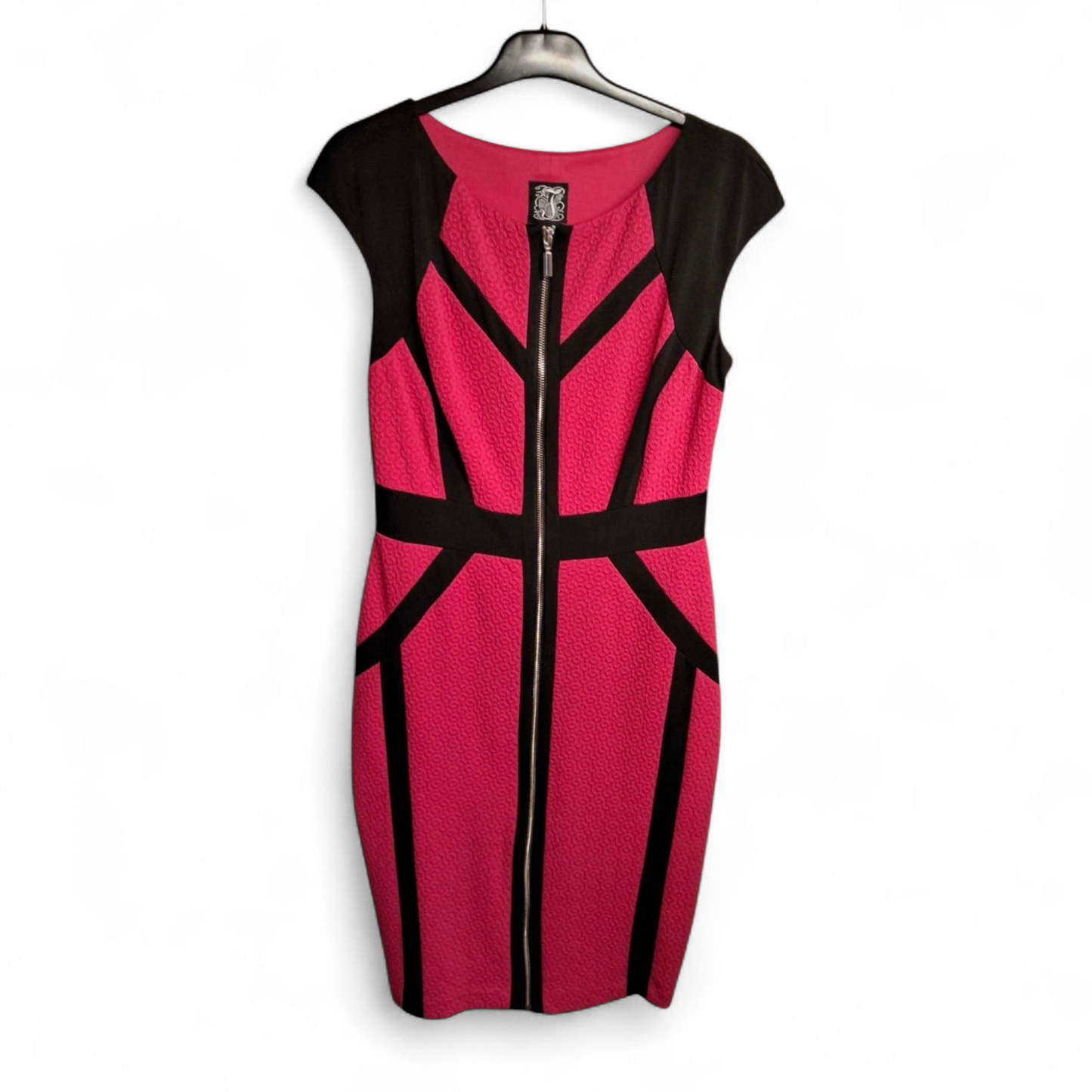 Jax Pink & Black Zip Front Bodycon Midi Dress – UK size 6/8 – Bold Contrast Panels – Party Ready