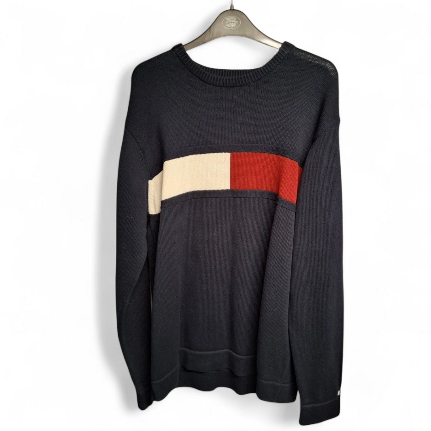 Men's Vintage 90s Tommy Hilfiger Navy Jumper – Crew Neck, Long Sleeve, Logo, Relaxed Fit, Size M