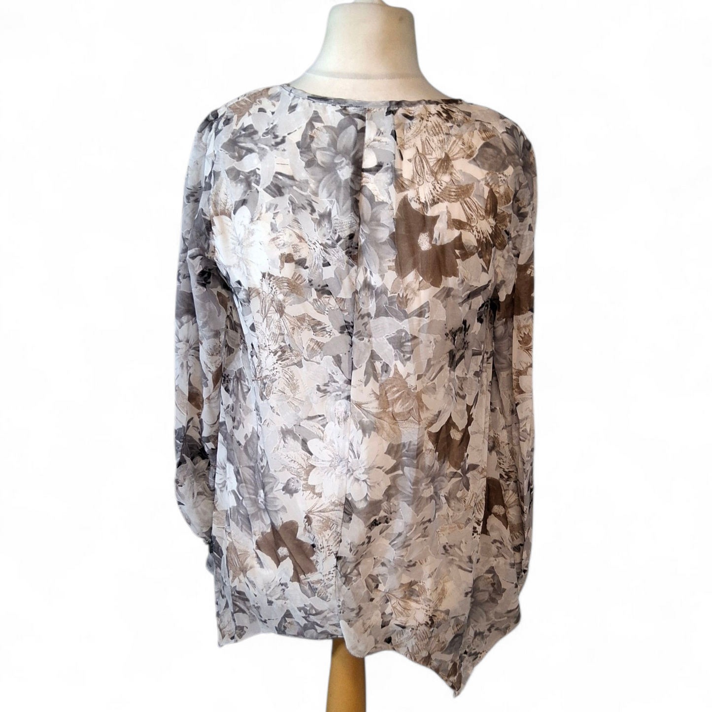 Wallis Grey & Brown Floral Blouse – Sheer Sleeves, Asymmetrical Hem, Size M (UK size 12/14)