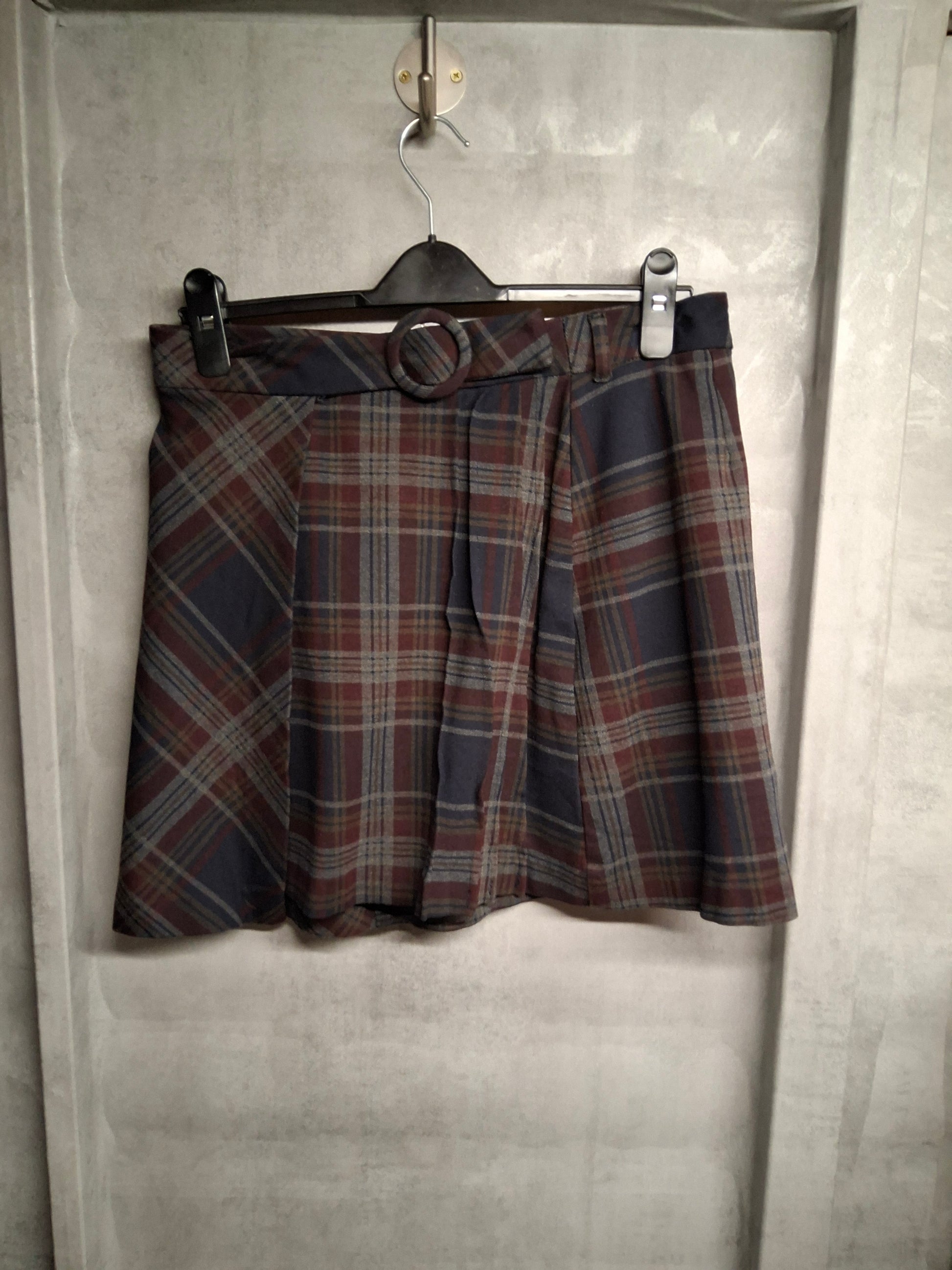 Tu Navy Red Grey Tartan Wrap Mini Skirt with Belt – Size 12
