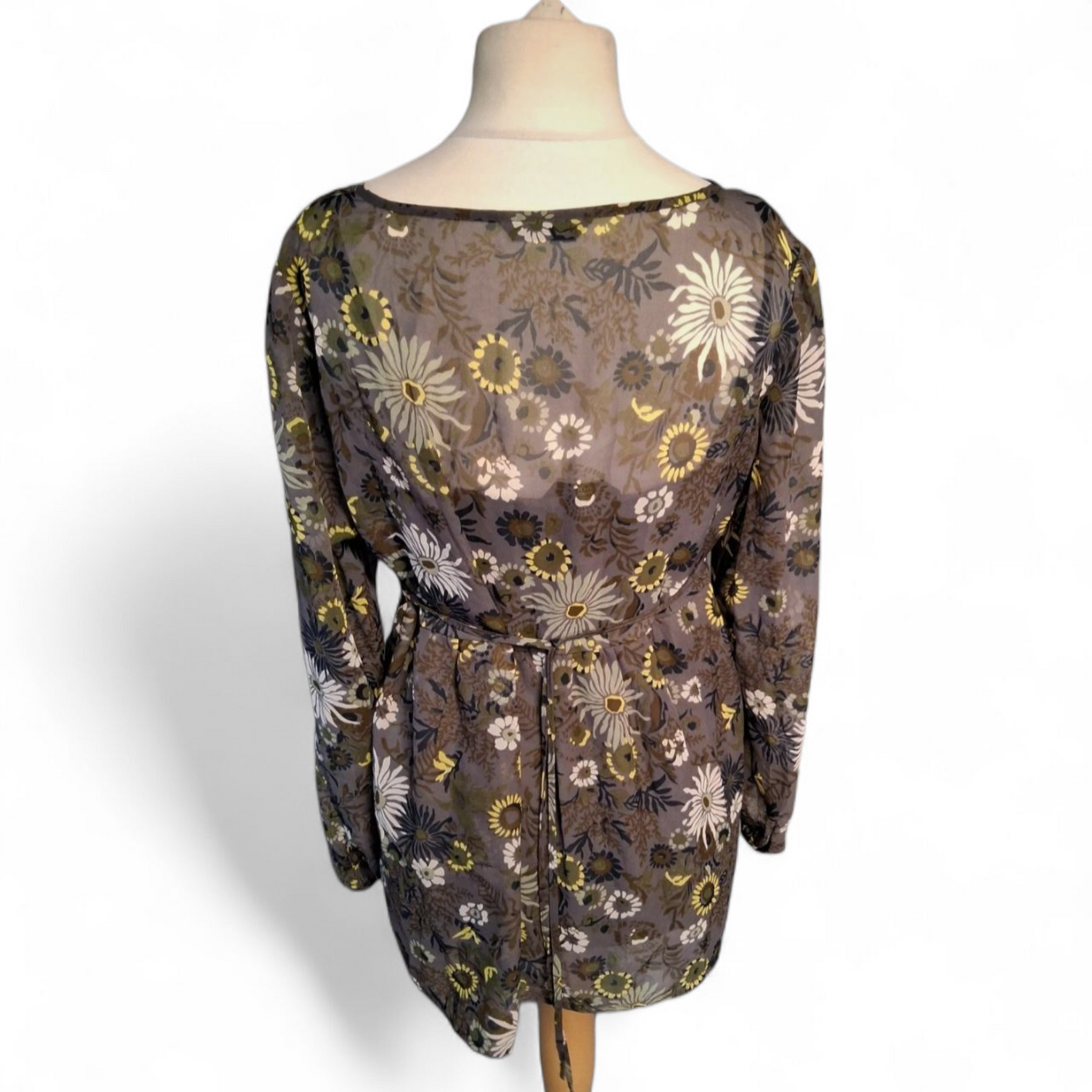 M&S Grey Floral Sheer Blouse with Cami & Tie Belt – Size 14