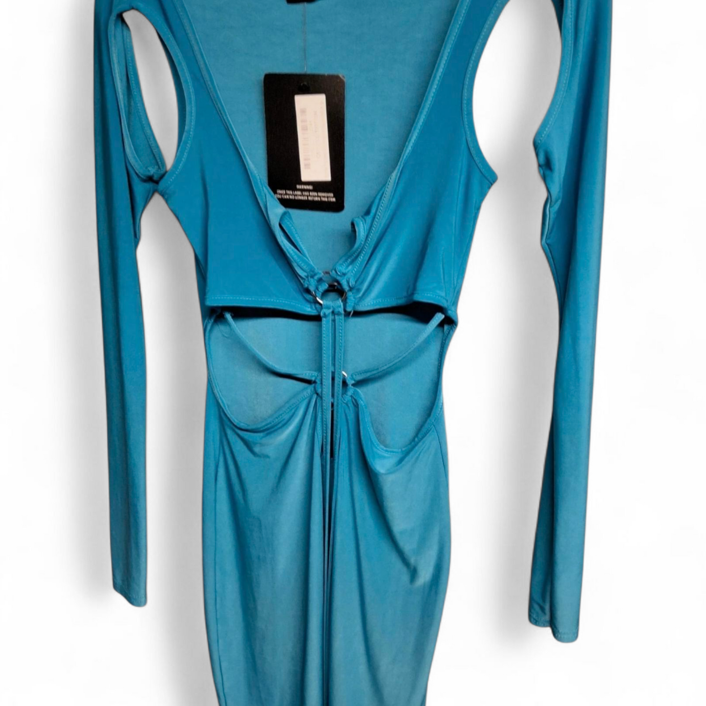 PrettyLittleThing Blue Cold Shoulder Bodycon Mini Dress – Size 6 – BNWT – Tie Front Party Look