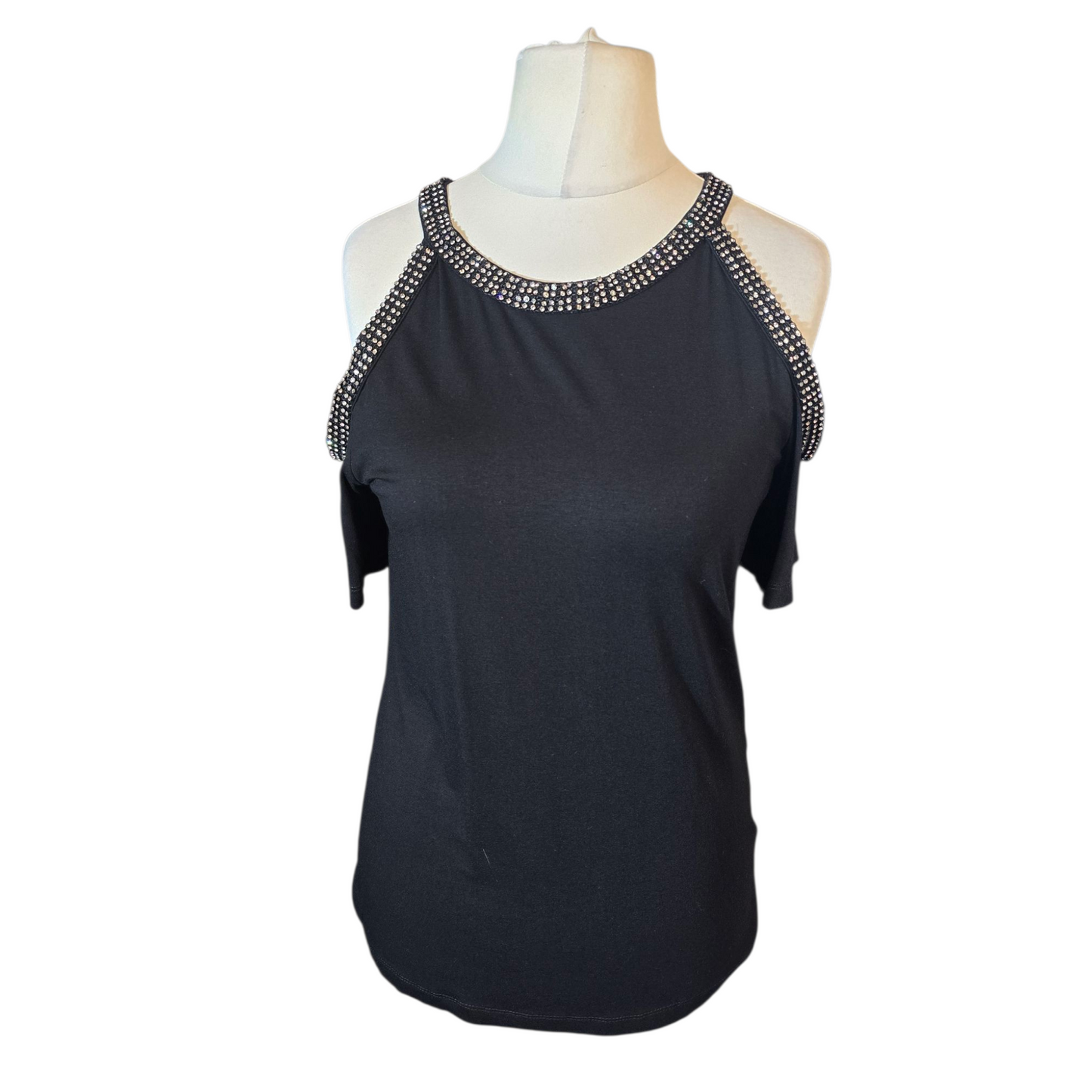 Black & Silver Gem Cold Shoulder T-Shirt – Size 14, Stretch Fit