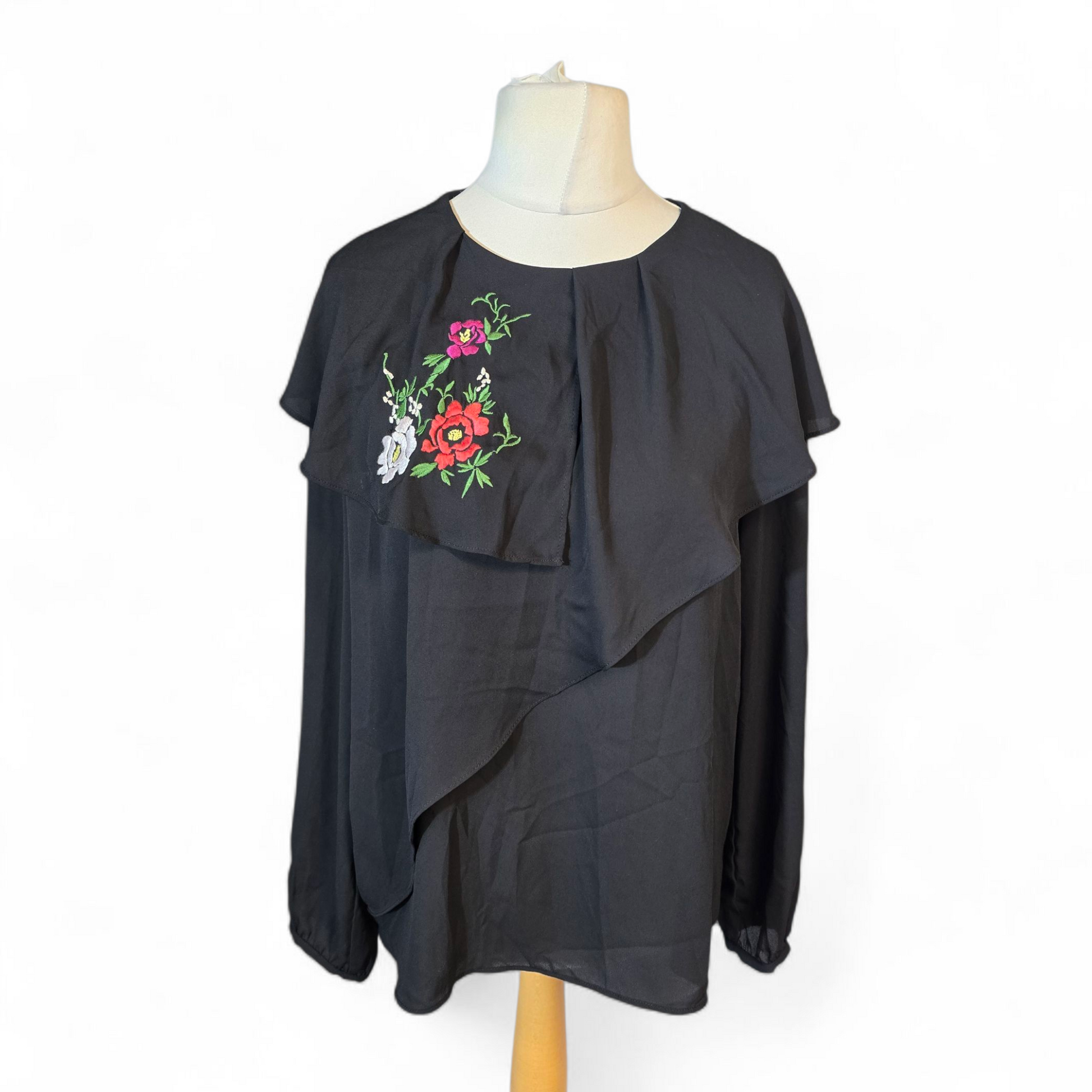 Zara Black Layered Floral Blouse – Size L (UK 14) – Long Sleeve