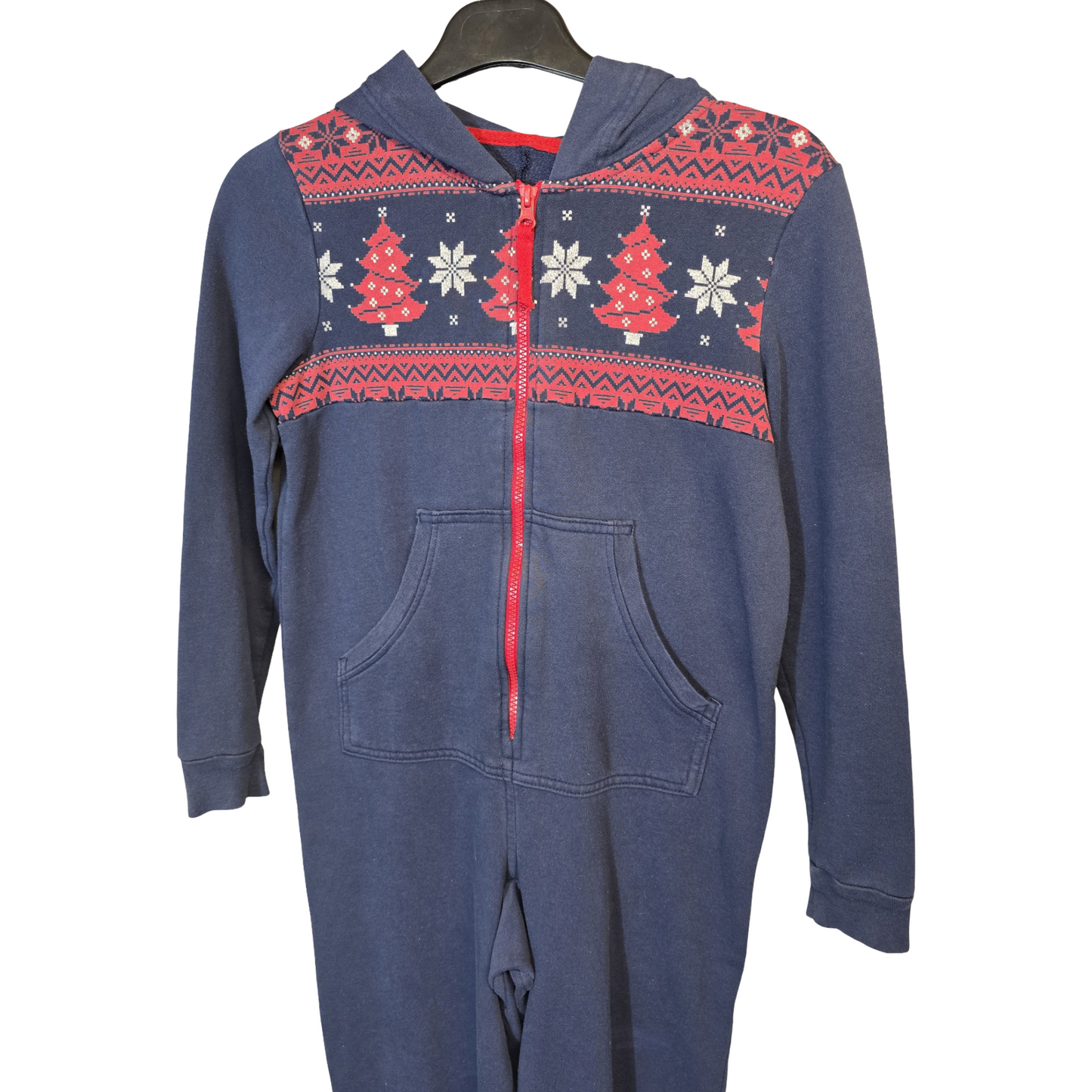 M&S Navy & Red Christmas Onesie – Kids 9–10 Years – Hooded Zip-Up