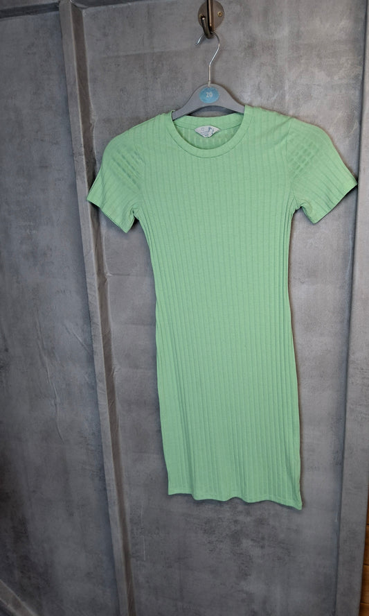 Primark Green Ribbed T-Shirt Dress | Size 6 Stretch Mini Dress Casual Fit