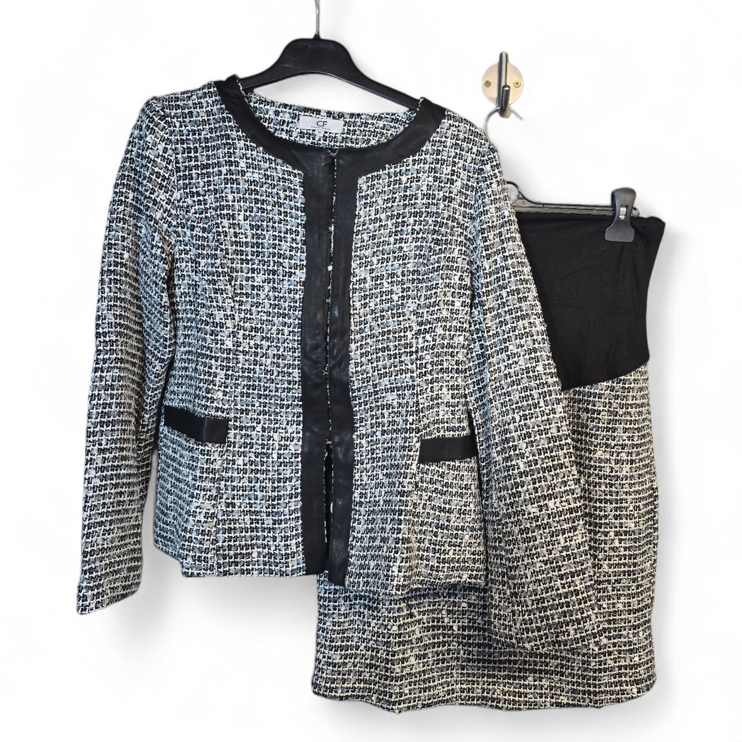 Chenai Frazer Maternity Skirt Suit – Black, Grey & White Knit – Faux Leather Trim – Size M (UK 10/12