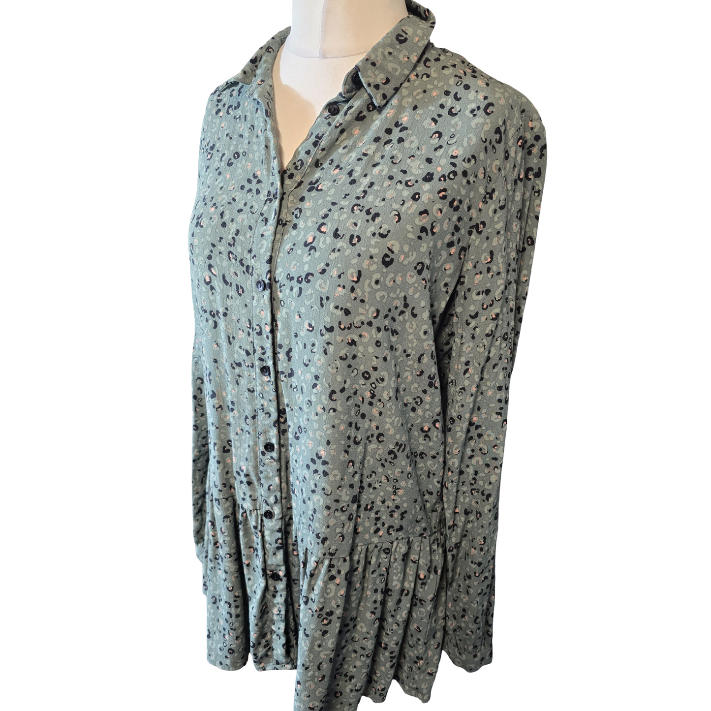 Reserved YFL Khaki Green Animal Print Shirt – Frill Hem – Size 12 – Button Front