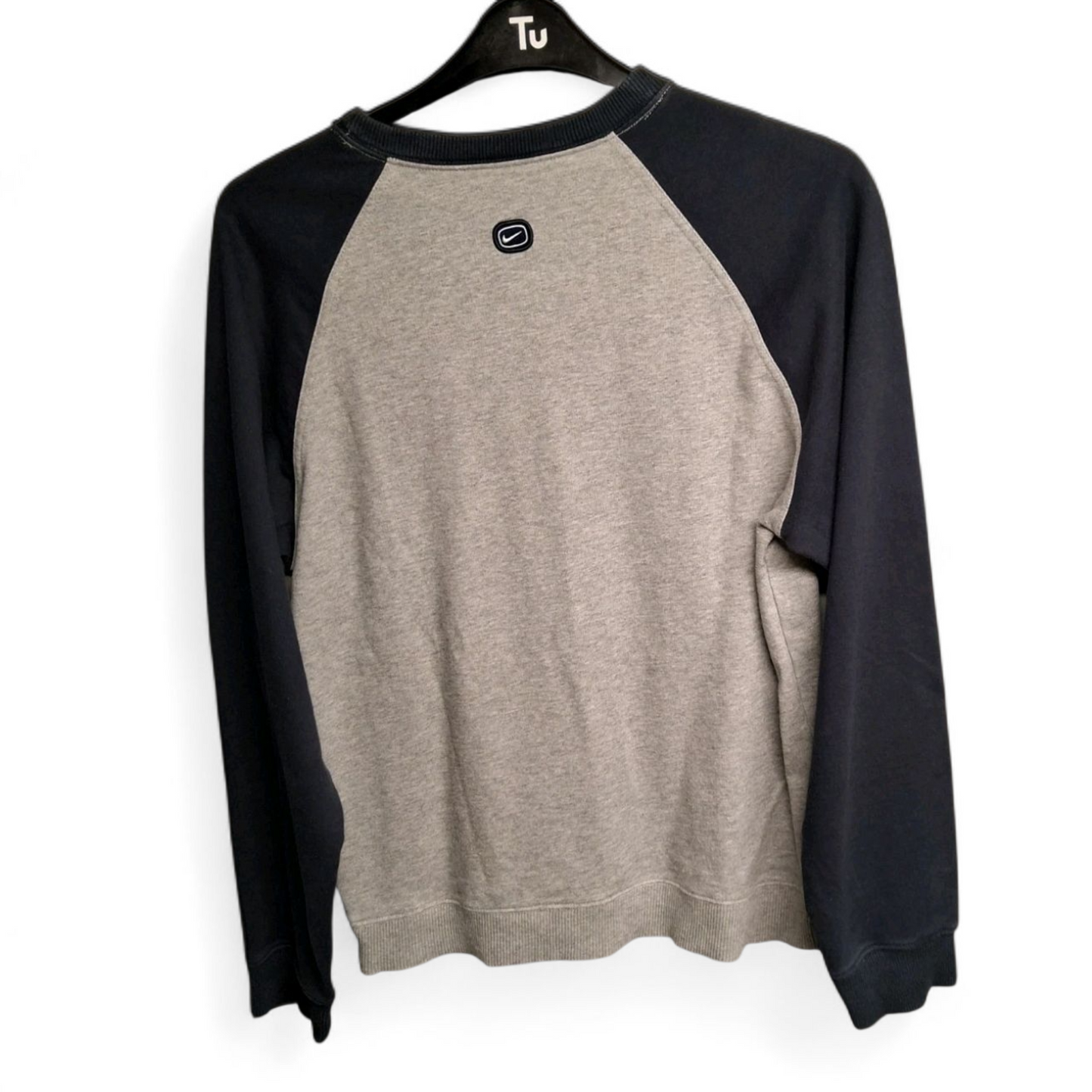 Men's Y2K Nike Grey & Navy Sweater – Small, Long Sleeve, Crew Neck, Logo Front, Sporty Retro Fit
