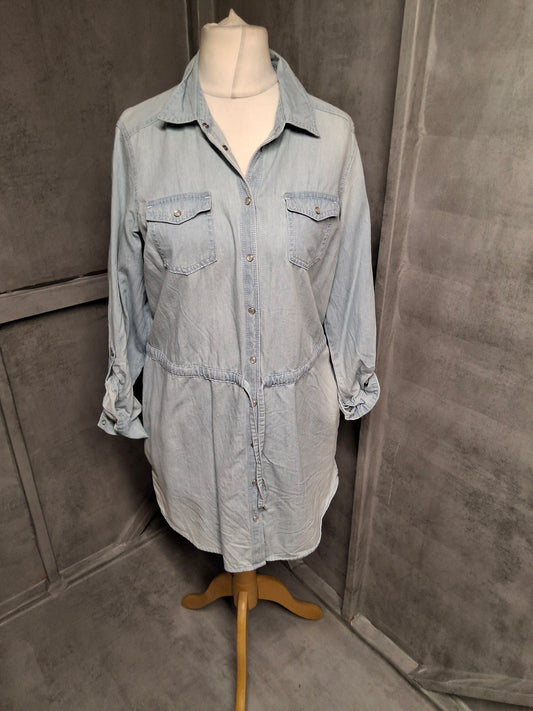 M&S Indigo Denim Shirt Dress – Size 12 – Long Sleeve, Drawstring Waist, 100% Cotton