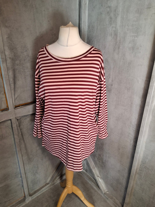 F&F Pink & Red Striped ¾ Sleeve Longline T-Shirt – Size 16 – 100% Cotton – NWT