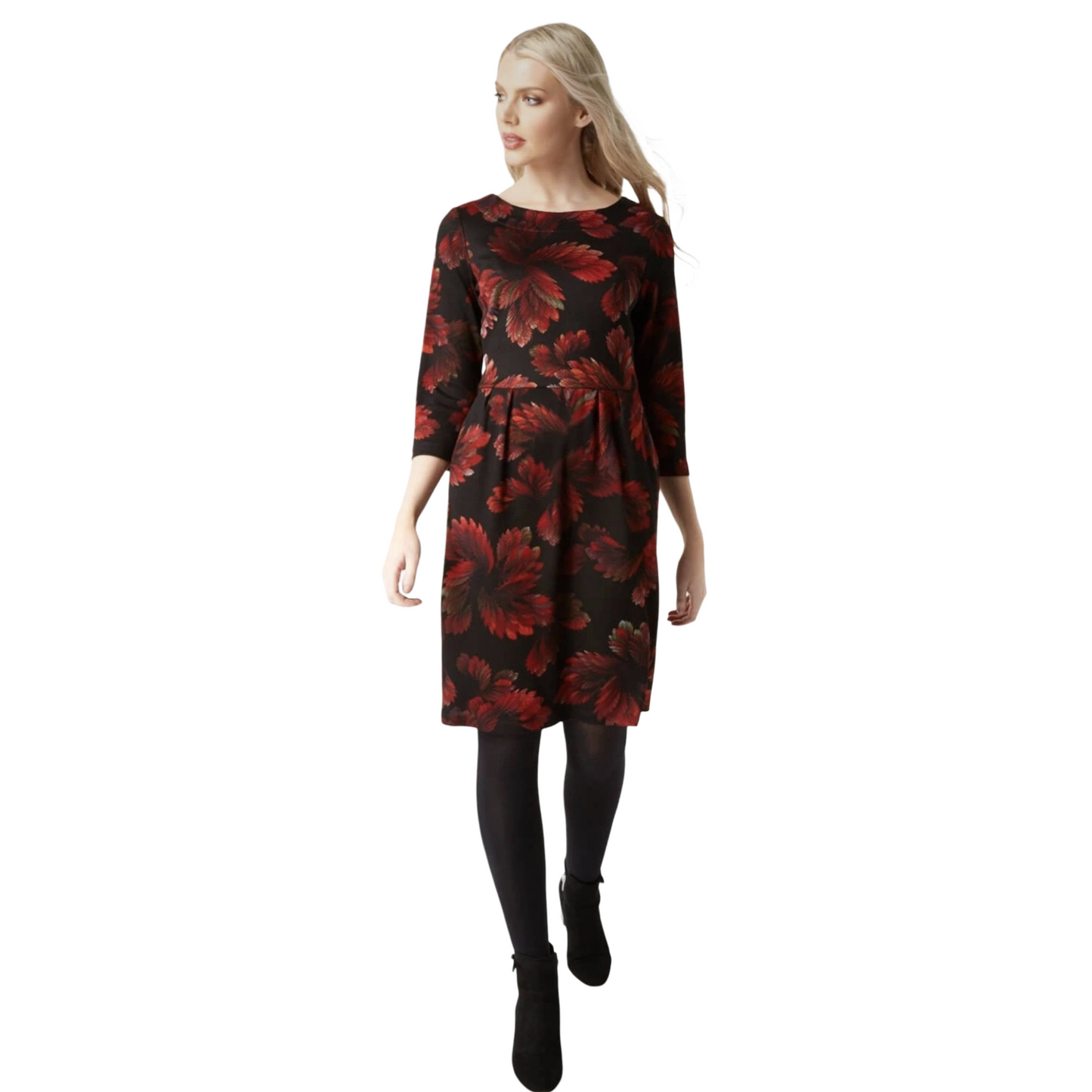 Roman Black & Red Floral Midi Dress – Long Sleeves, Pockets, Size 18 – Viscose/Polyester