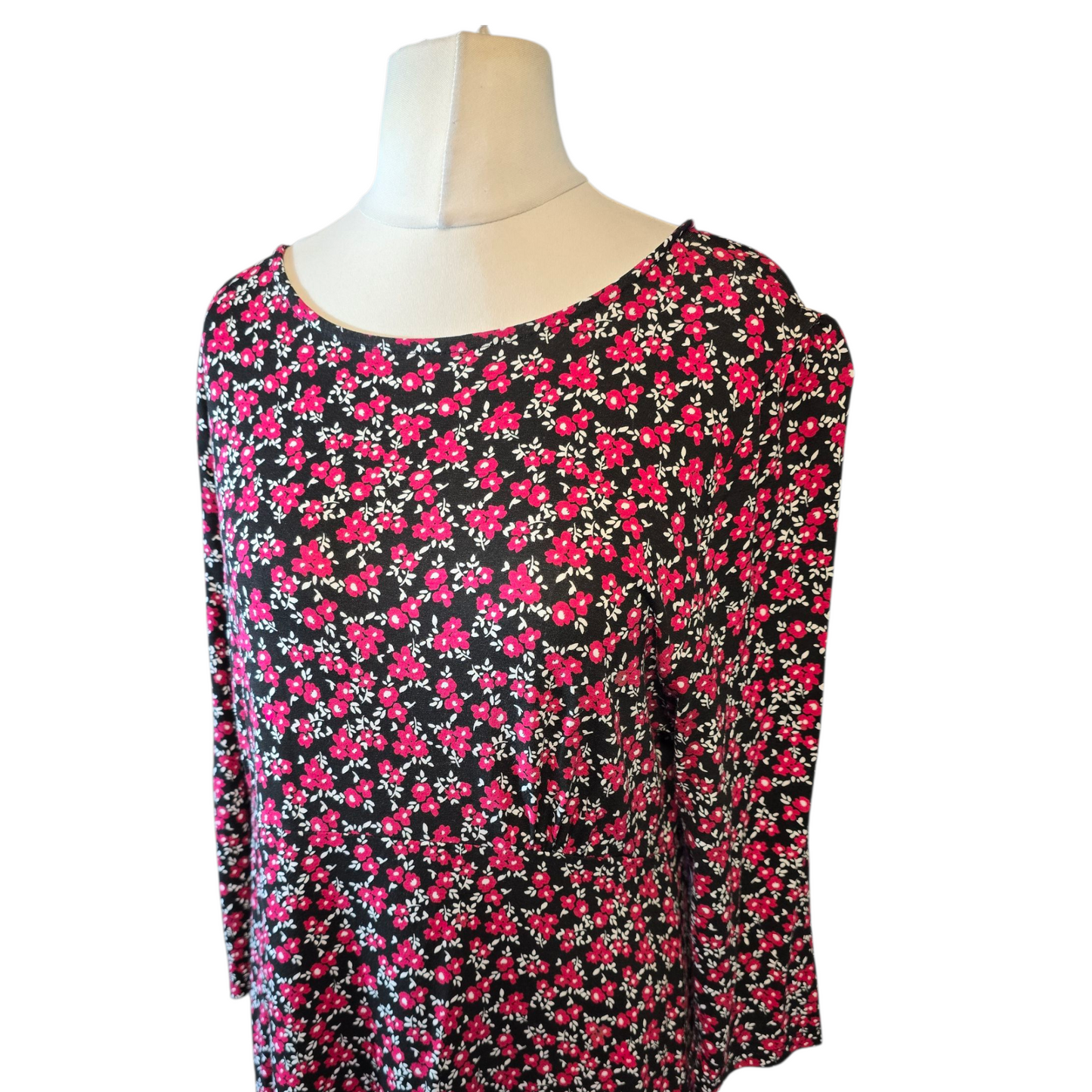 Peacocks Black & Pink Floral Knee Length Dress – Size 16 – ¾ Sleeves, Viscose