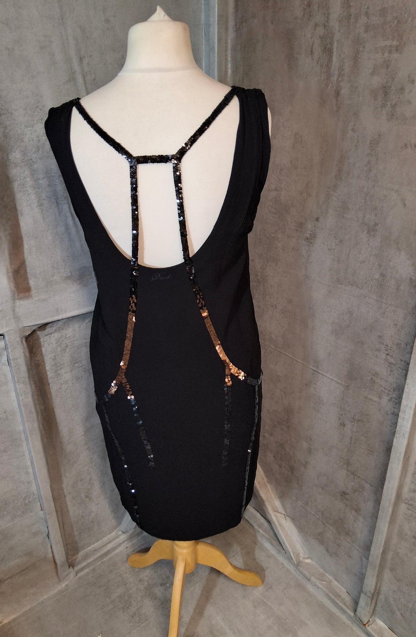 Y2K Diesel Black & Bronze Sequin Sleeveless Dress – Size M – 2000s