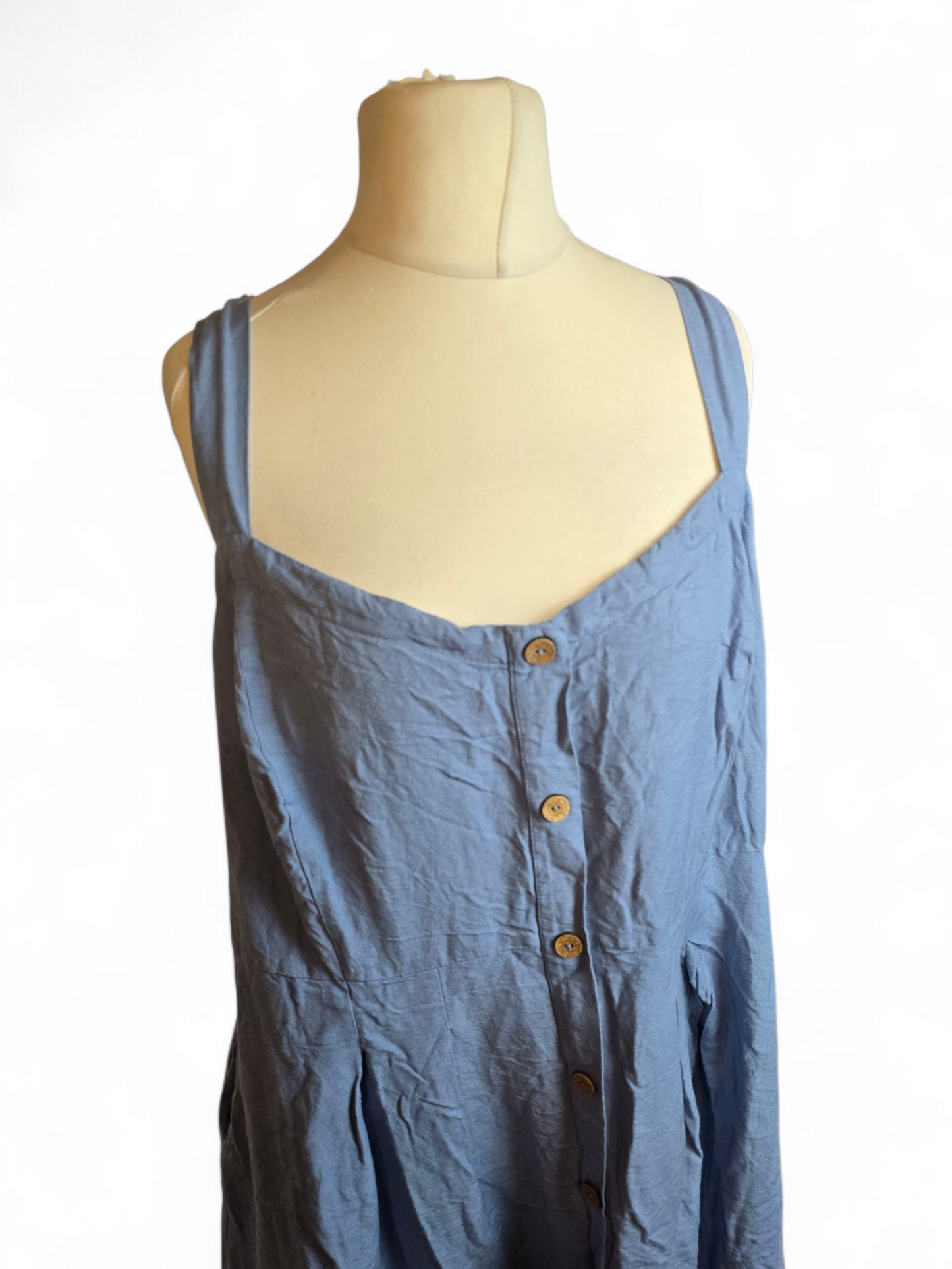 Joe Browns Denim Blue Sleeveless Dress | Wooden Buttons | Elasticated Back | Size 24 | Linen Blend | Knee Length