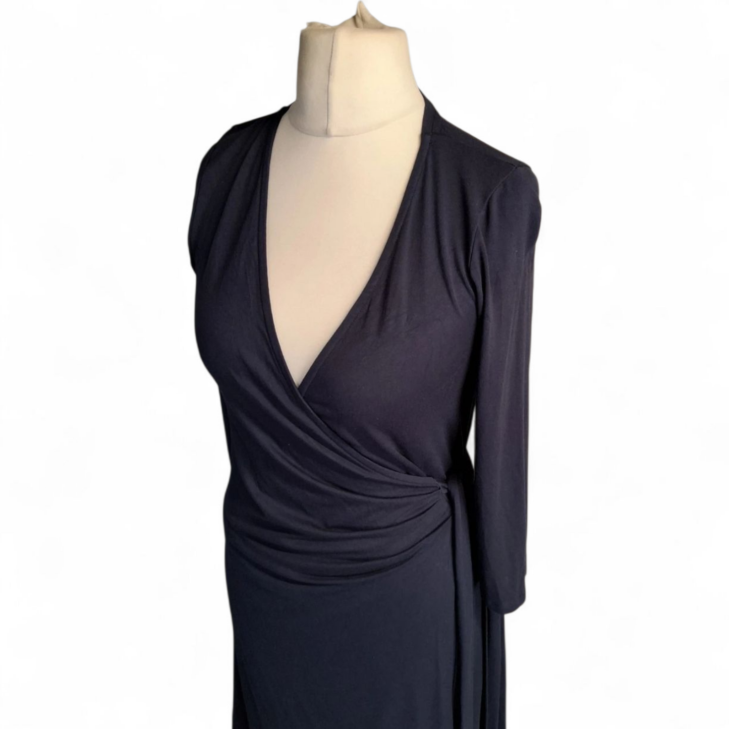 Mauvette Navy Wrap Bodycon Midi Dress – Size 10 – Viscose Chic