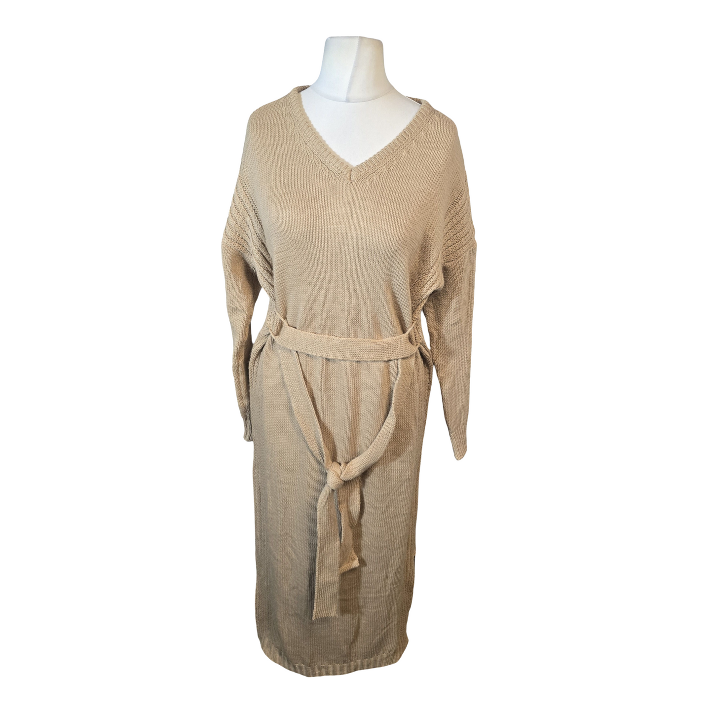 Boohoo Beige Midi Jumper Dress – Belted – Side Slits – Size 12 – Acrylic Knit