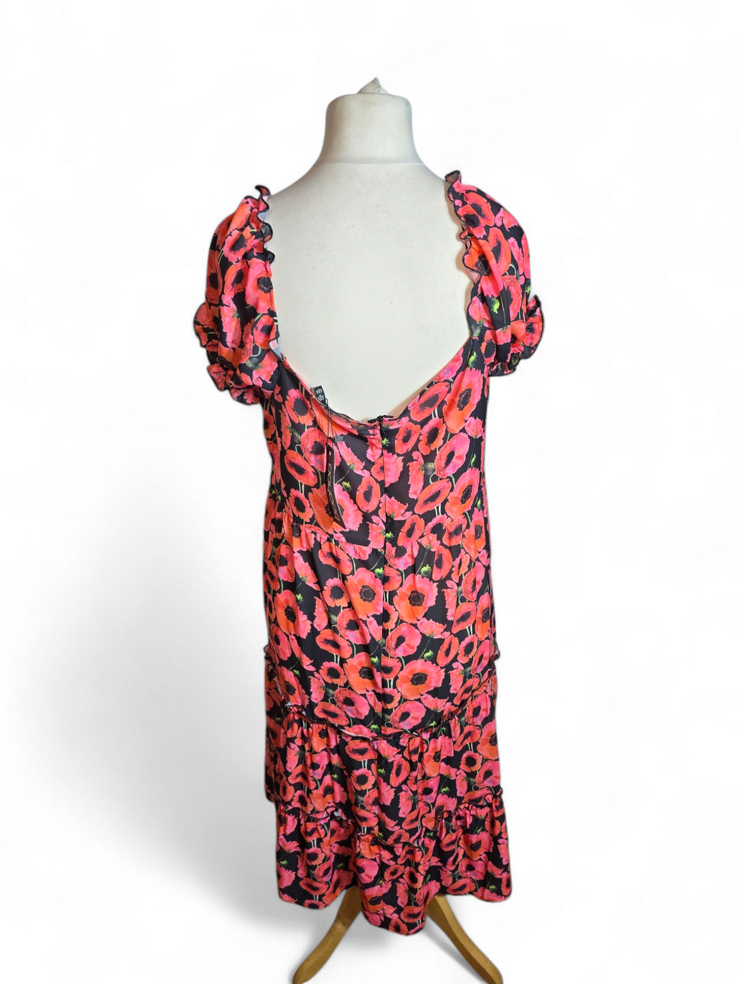 Boohoo Black & Pink Floral Midi Dress | Size 18 UK | Frill Detail, NWT, Zip Back