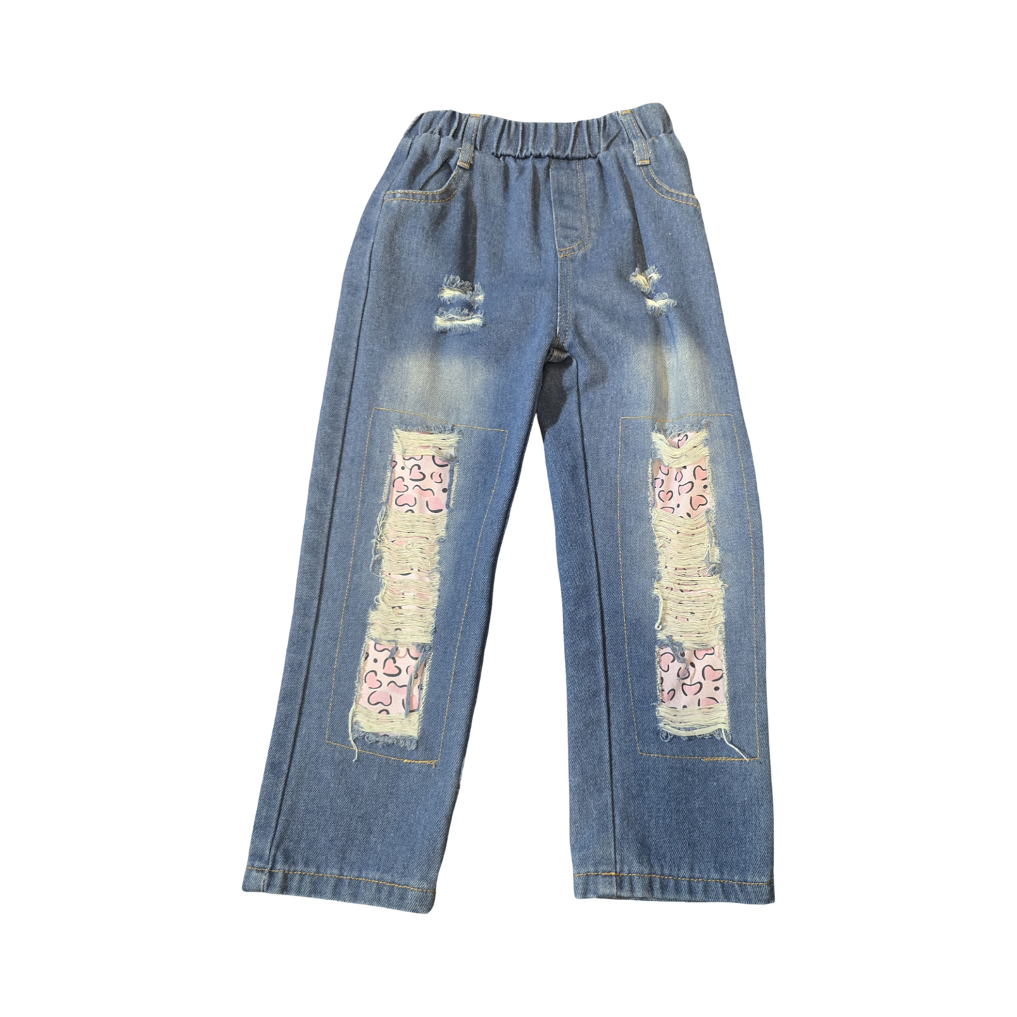 Pat Pat Blue Distressed Jeans – Girls 4–5 Years – Polyester – Leopard Patch Detail