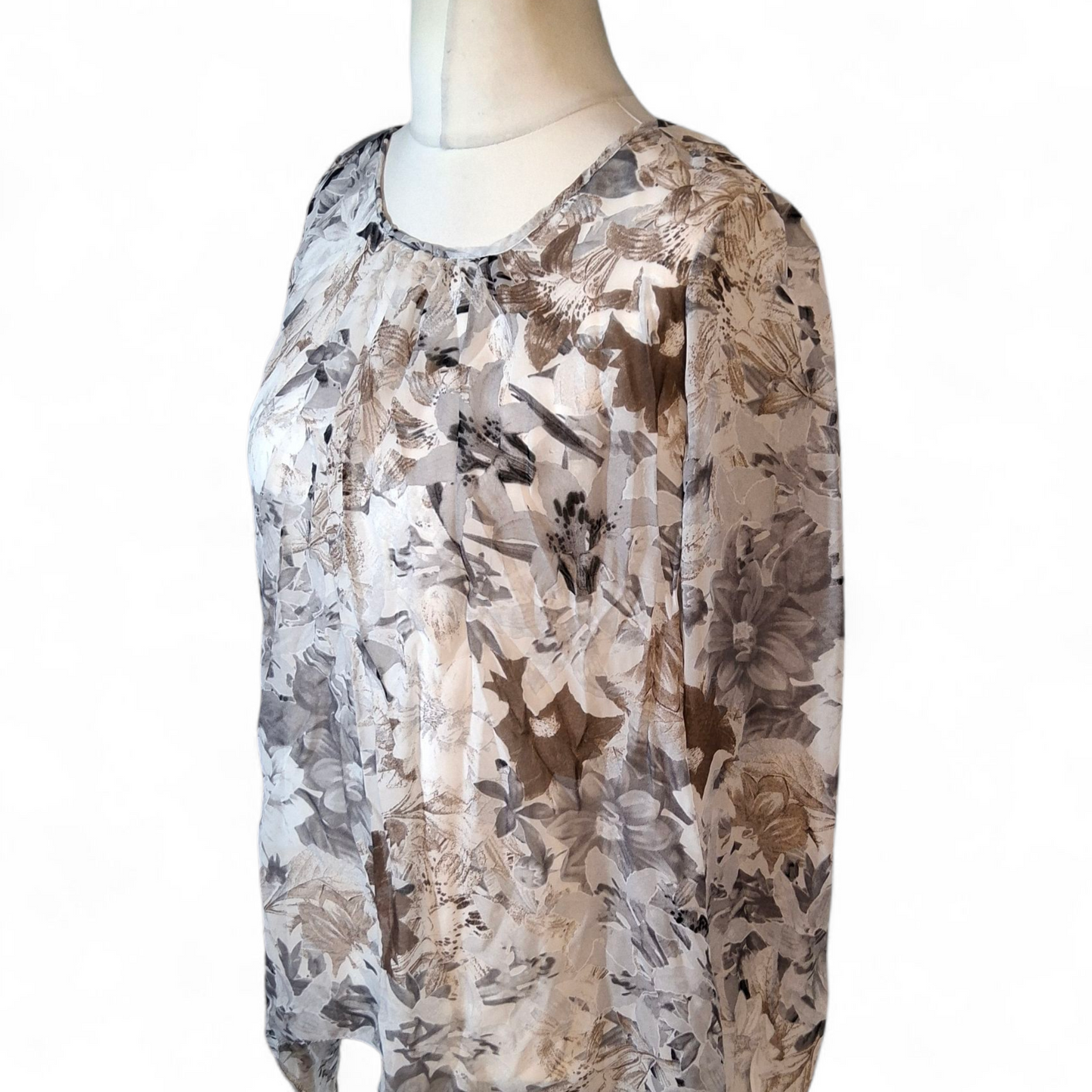 Wallis Grey & Brown Floral Blouse – Sheer Sleeves, Asymmetrical Hem, Size M (UK size 12/14)