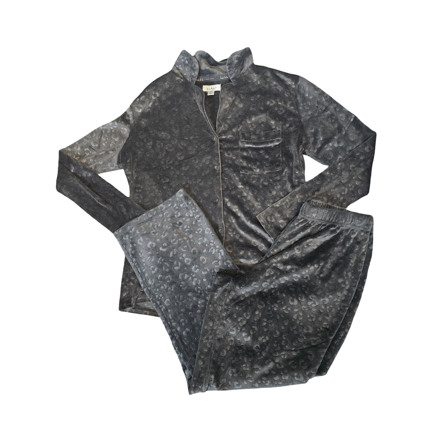 Nicole Miller Black Leopard Print Fleece Pyjama Set – Size Small (10/12)