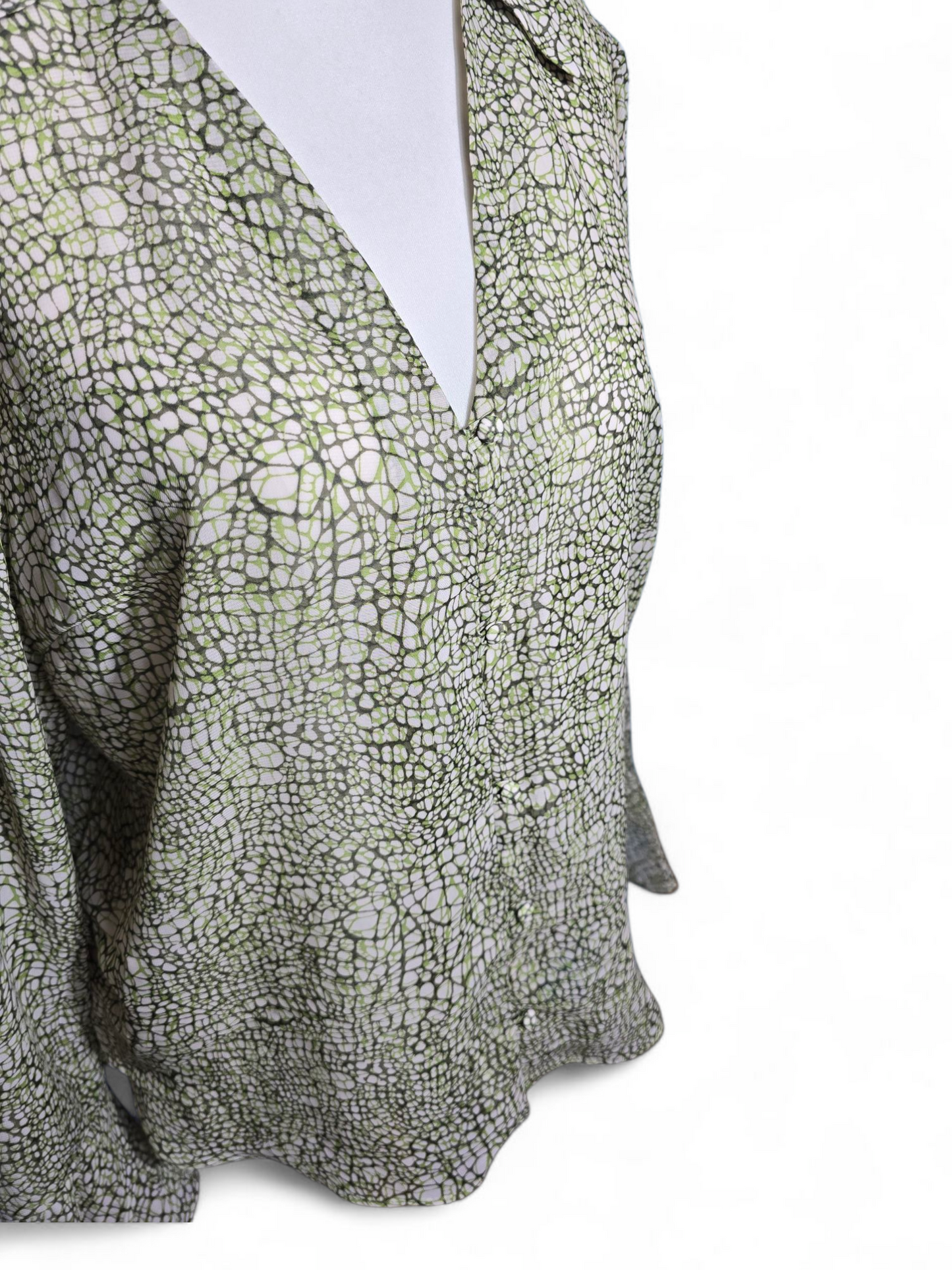 Next Green & Black Sheer Blouse | Size 14 UK | V-Neck, Button Front, Flared Cuffs