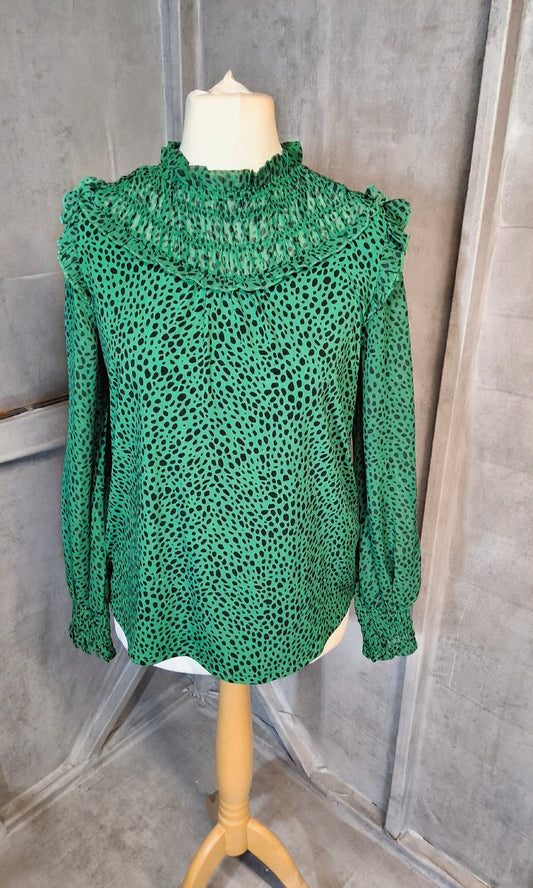 Lipsy Love & Roses Green Leopard Print Blouse – Sheer Sleeves, High Neck – Size S (10/12)