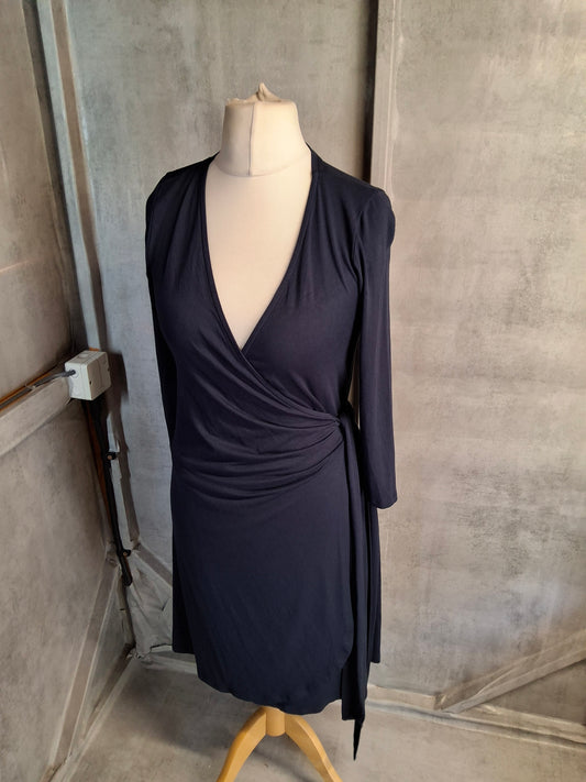 Mauvette Navy Wrap Bodycon Midi Dress – Size 10 – Viscose Chic
