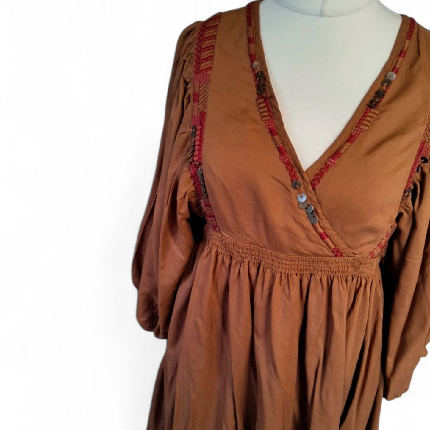 Monsoon Light Brown Embroidered Dress – Size 12 – 100% Viscose