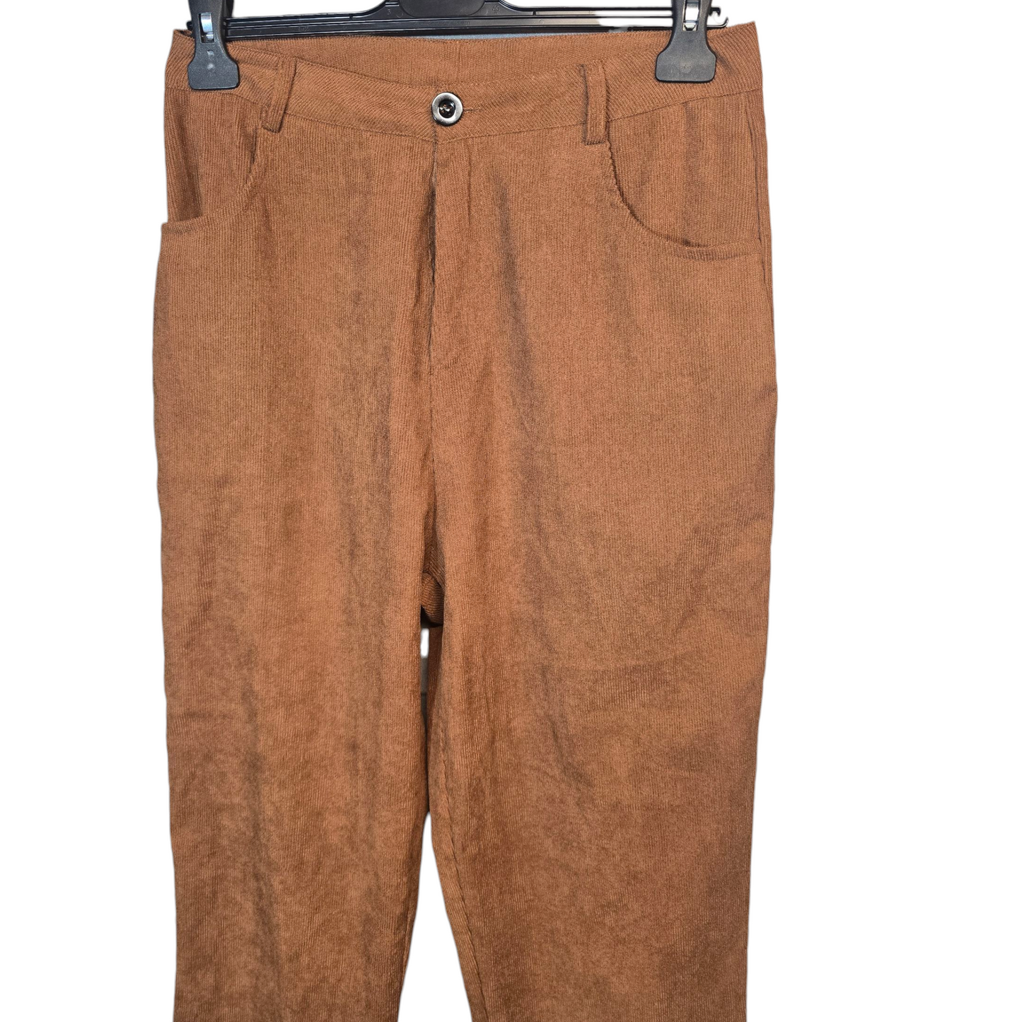 Romwe Brown Cord High-Waisted Straight Leg Trousers – Floral Embroidery – Size M (UK size 10)