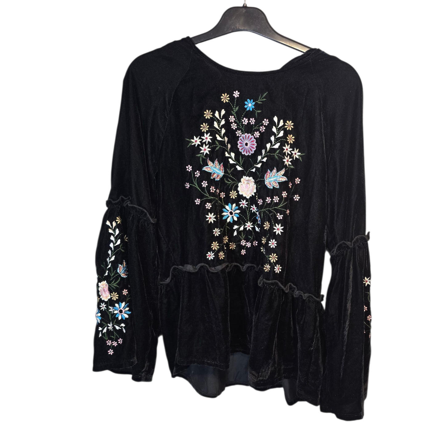 Tu Black Velvet Floral Embroidered Peplum Blouse – Size 12