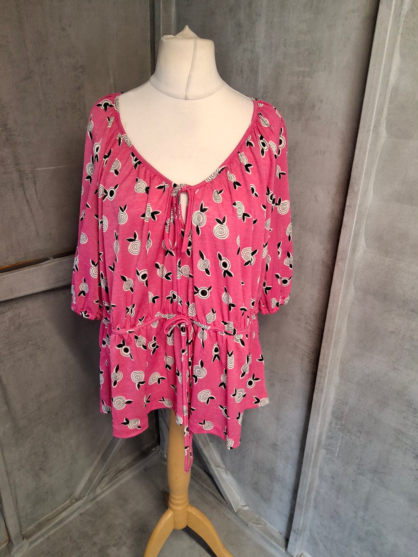 Celia Birtwell for Next Pink ¾ Sleeve Waist Tie Top – Size 18