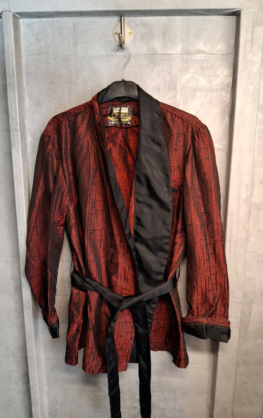 Men’s Vintage Lloyd Host Coat Smoking Jacket – Red & Black Pattern – Belted – Tricel Fibre –