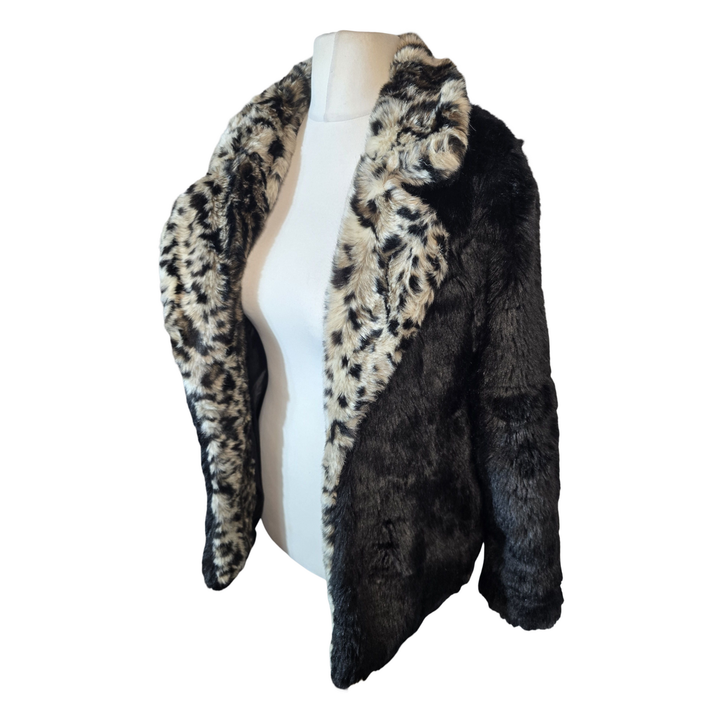 Glamorous Black & Beige Animal Faux Fur Coat – Size 8 – Mid Length, Lined
