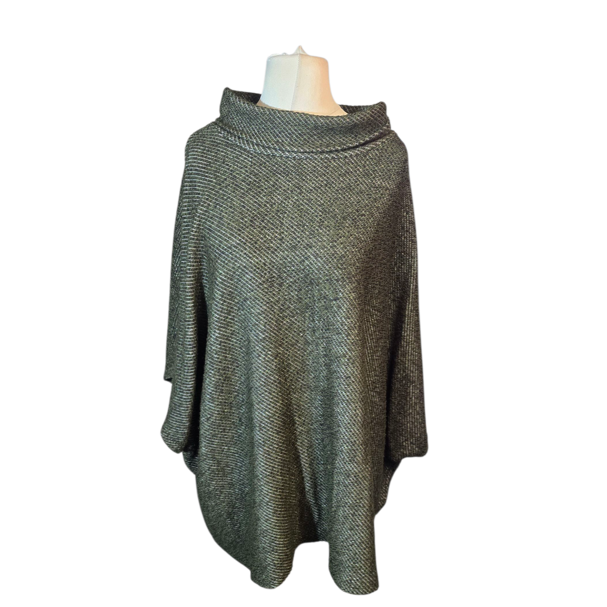 Cerulean Green Knit Turtleneck Poncho – One Size – Acrylic/Polyester/Viscose