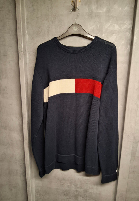 Men's Vintage 90s Tommy Hilfiger Navy Jumper – Crew Neck, Long Sleeve, Logo, Relaxed Fit, Size M