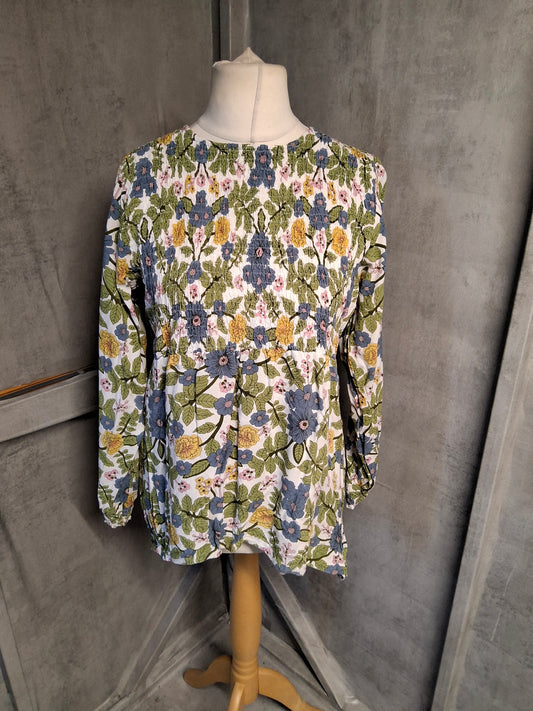 Cerulean Blue Diamond Floral Long Sleeve Top – Size 16 – 100% Rayon
