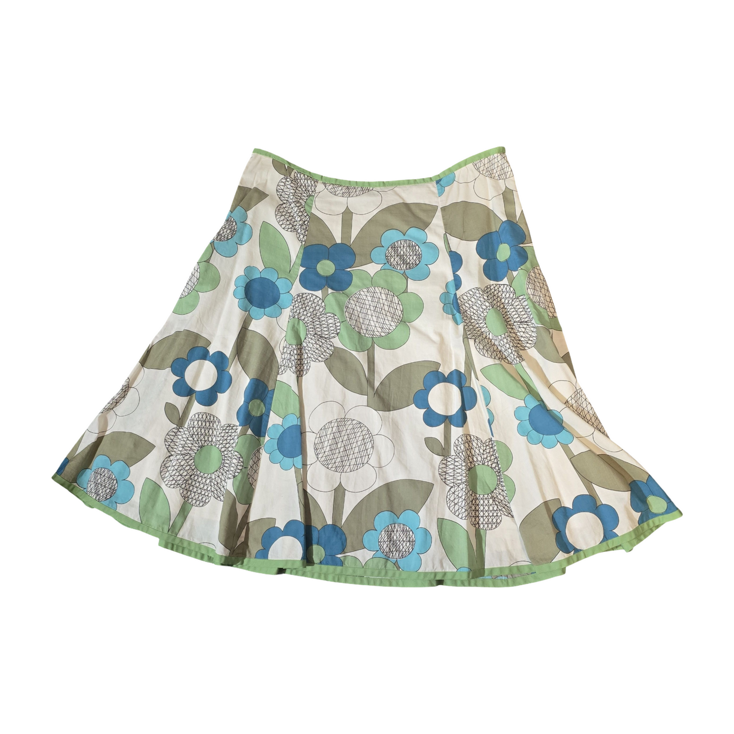 Boden Green & Cream Floral Flared Skirt – Size 12 Regular – 100% Cotton, Lined