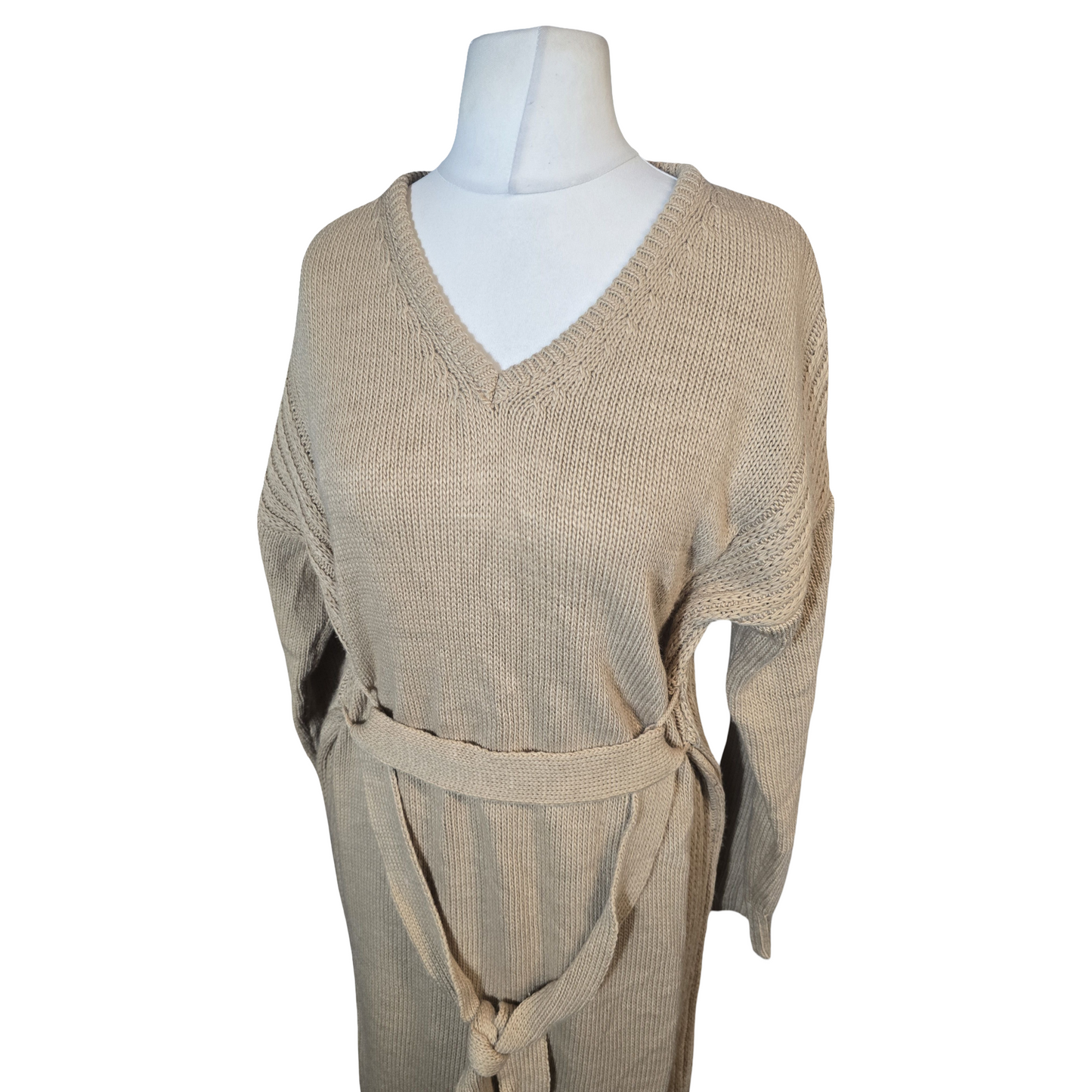 Boohoo Beige Midi Jumper Dress – Belted – Side Slits – Size 12 – Acrylic Knit
