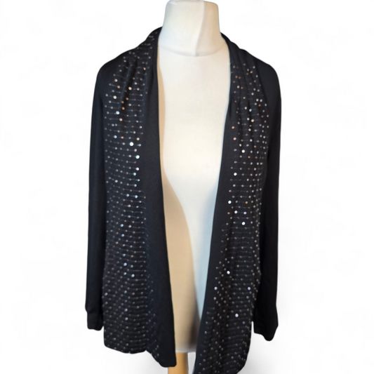 Crèaline Black & Silver Sequin Cardigan – Size 14/16 – Stretchy Open Front