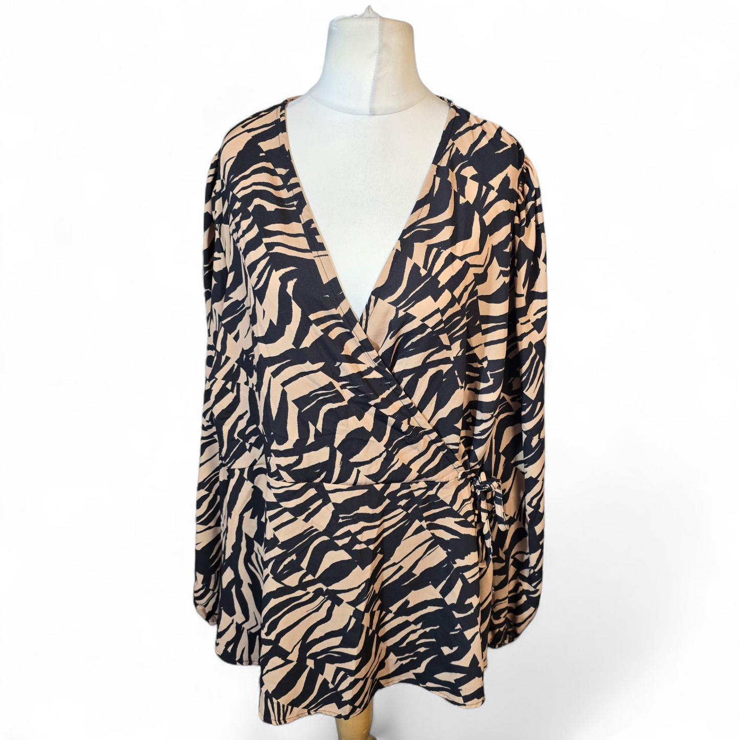 Dorothy Perkins Brown & Black Animal Print Wrap Peplum Top – Long Sleeve – Size 26