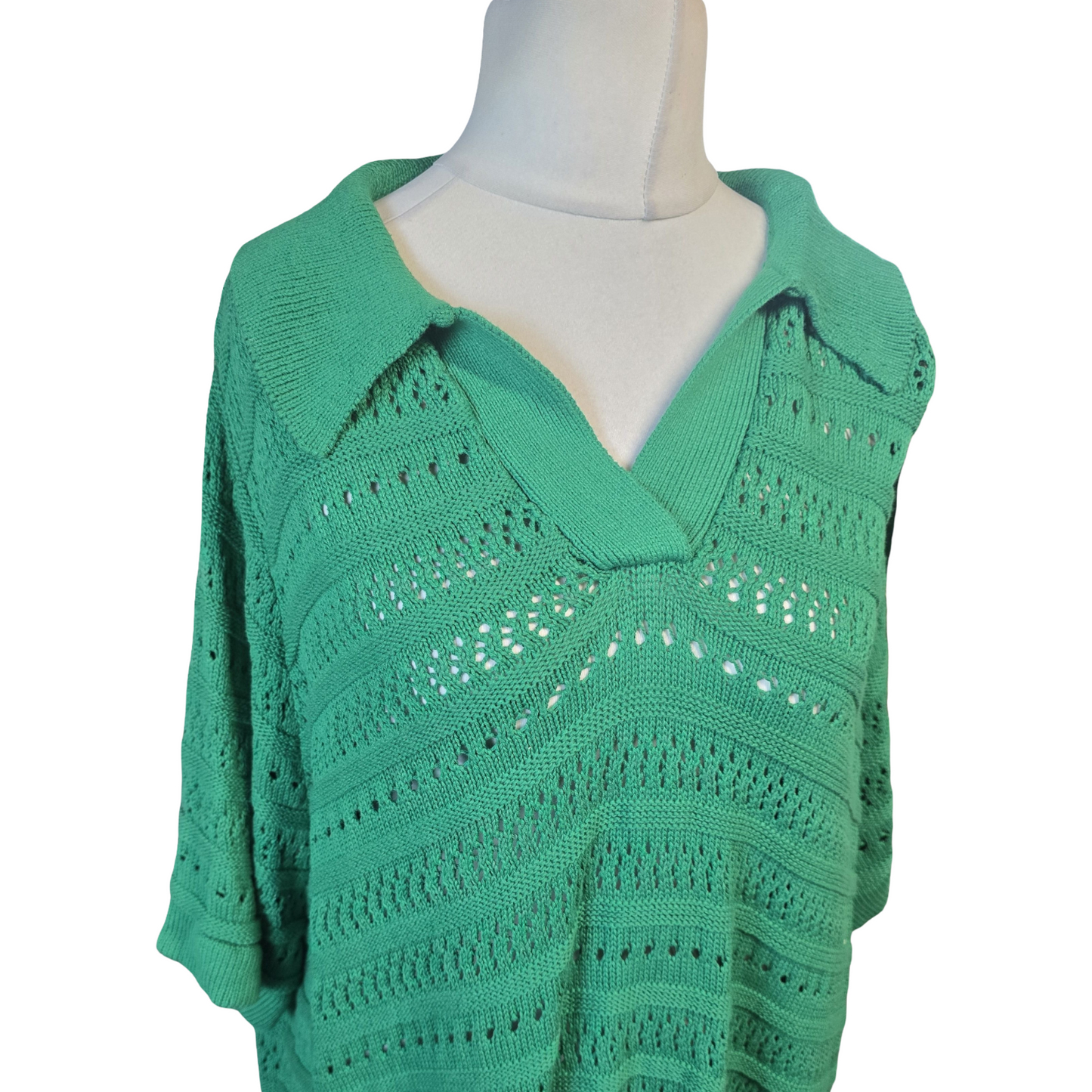 JD Williams Green Crochet Knit Collared Jumper – Short Sleeve – Size 24/26