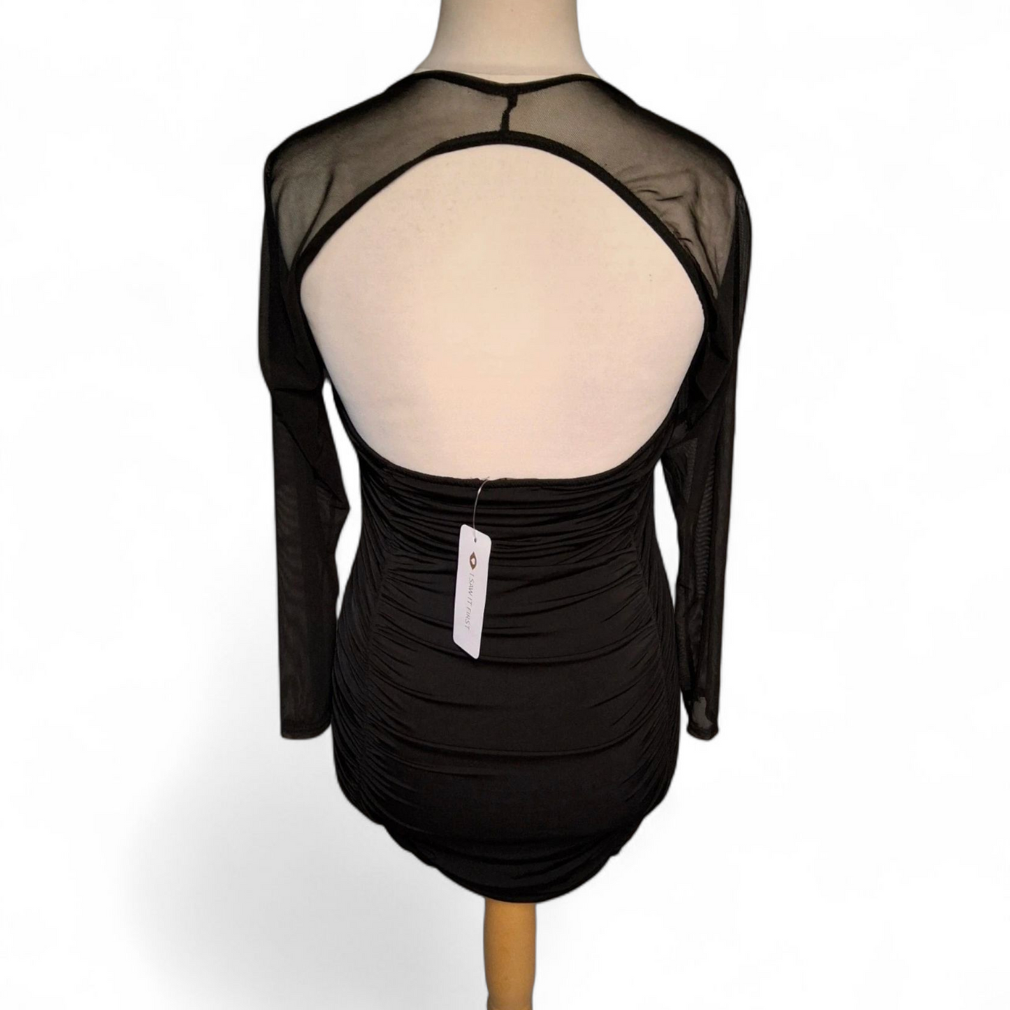 I Saw It First Black Ruched Mini Dress Size 12 – Open Back, Sheer Sleeves, Padded Bust