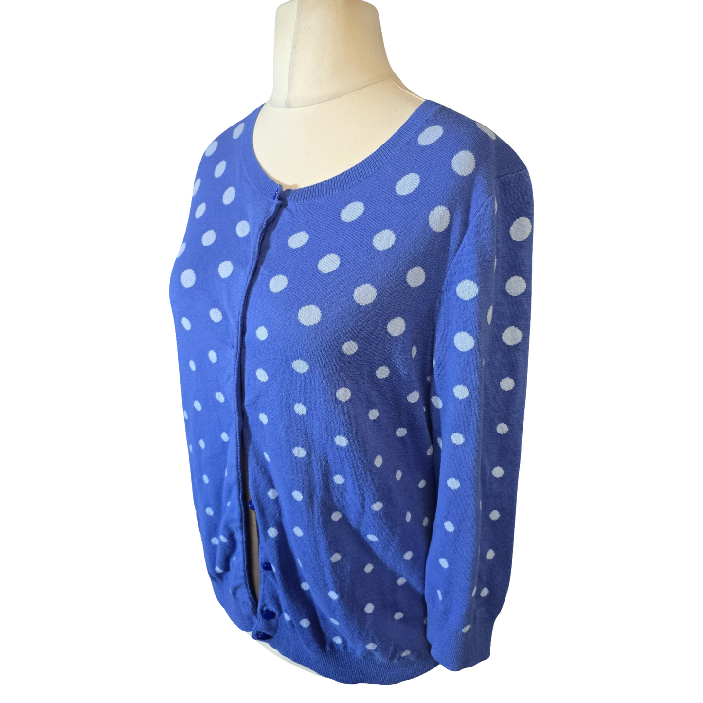 Talbots Blue Polka Dot Cotton Cardigan – Size L (size 12/14) – Button Up 3/4 Sleeve Knit